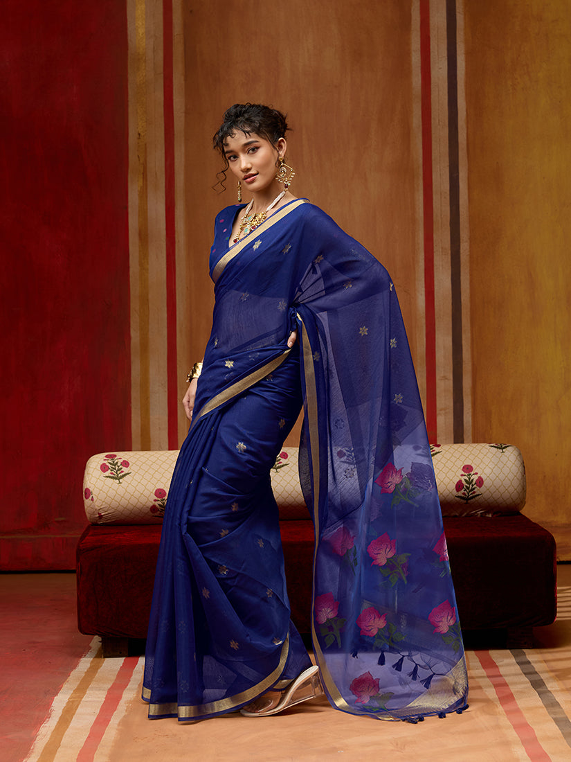 Monjolika Fashion Navy Blue Handloom Cotton Blend Weaving Classic Saree | Grocsy