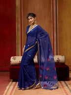 Monjolika Fashion Navy Blue Handloom Cotton Blend Weaving Classic Saree | Grocsy