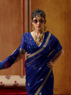 Monjolika Fashion Navy Blue Handloom Cotton Blend Weaving Classic Saree | Grocsy