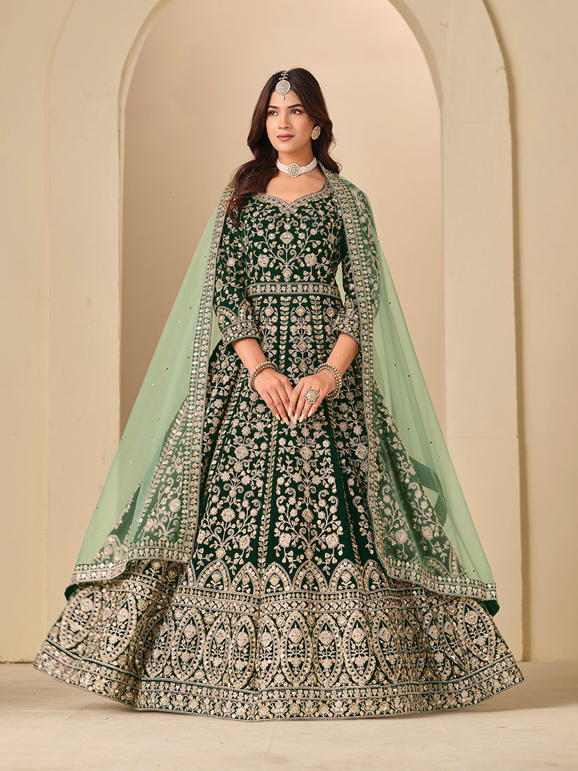Monjolika Fashion Velvet Embroidered Dark Green Engagement Wear Anarkali Suit | Grocsy