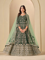 Monjolika Fashion Velvet Embroidered Dark Green Engagement Wear Anarkali Suit | Grocsy