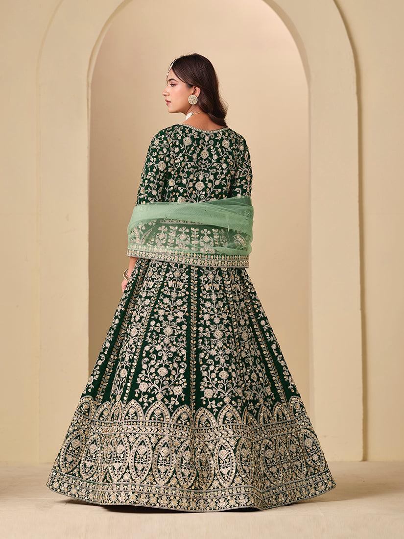 Monjolika Fashion Velvet Embroidered Dark Green Engagement Wear Anarkali Suit | Grocsy