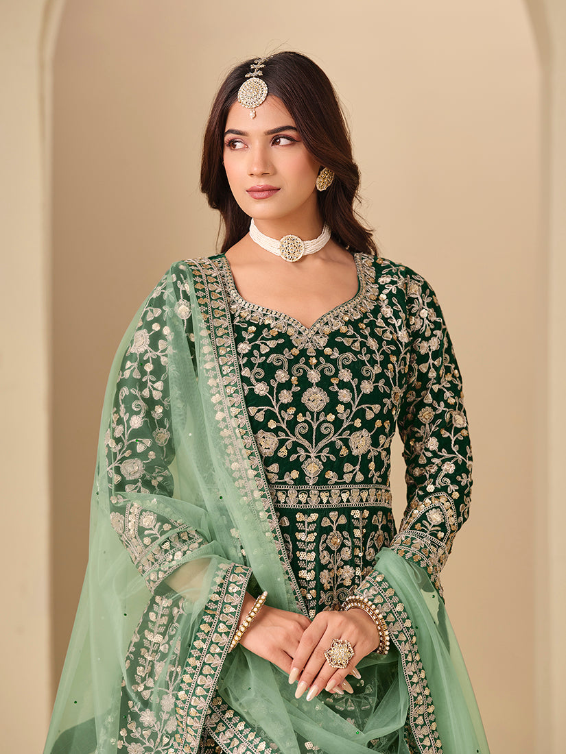 Monjolika Fashion Velvet Embroidered Dark Green Engagement Wear Anarkali Suit | Grocsy