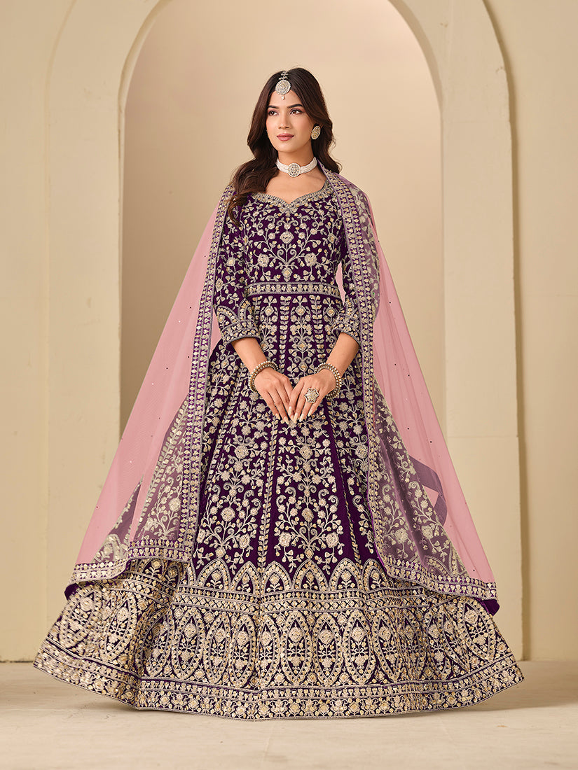 Monjolika Fashion Velvet Embroidered Purple Engagement Wear Anarkali Suit | Grocsy