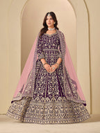 Monjolika Fashion Velvet Embroidered Purple Engagement Wear Anarkali Suit | Grocsy