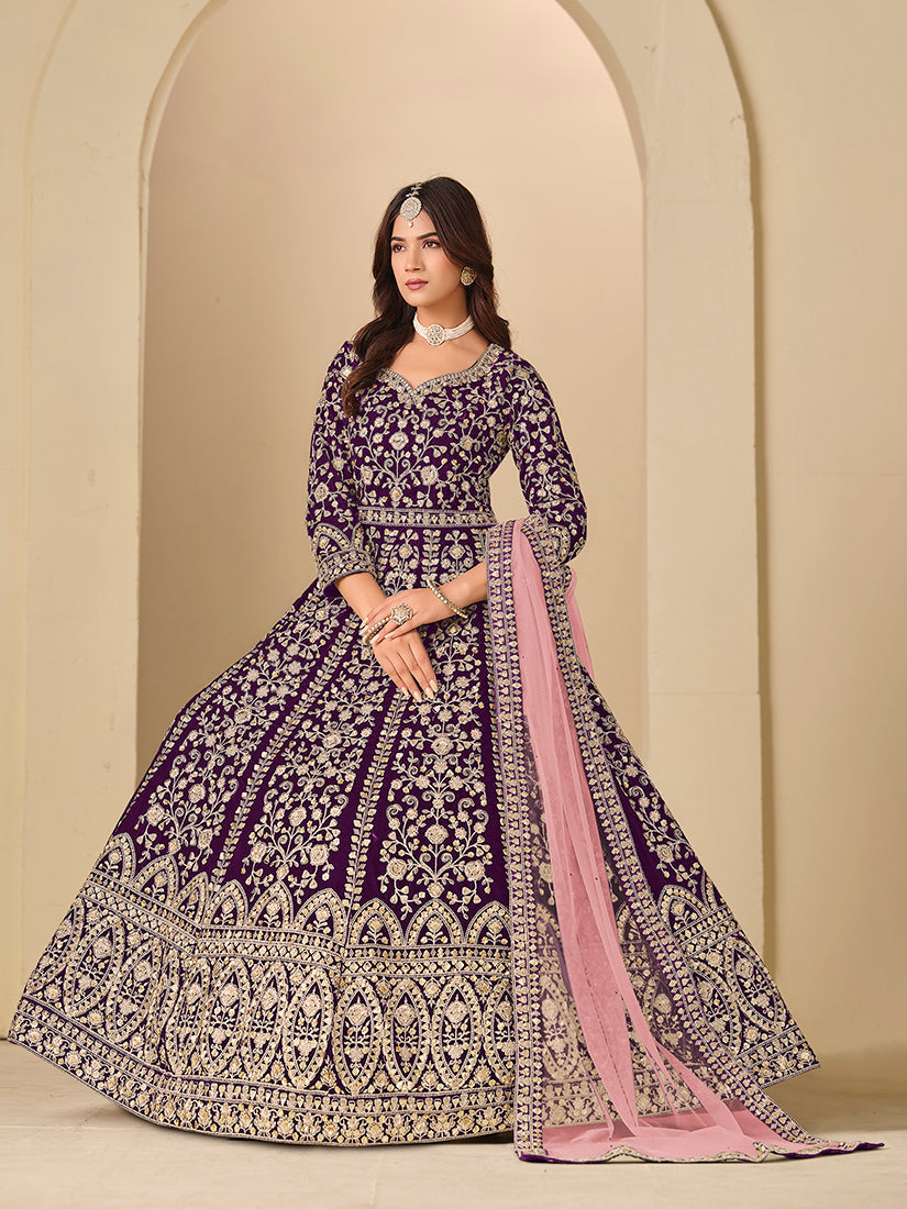 Monjolika Fashion Velvet Embroidered Purple Engagement Wear Anarkali Suit | Grocsy