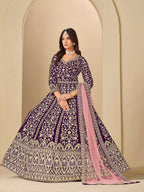 Monjolika Fashion Velvet Embroidered Purple Engagement Wear Anarkali Suit | Grocsy