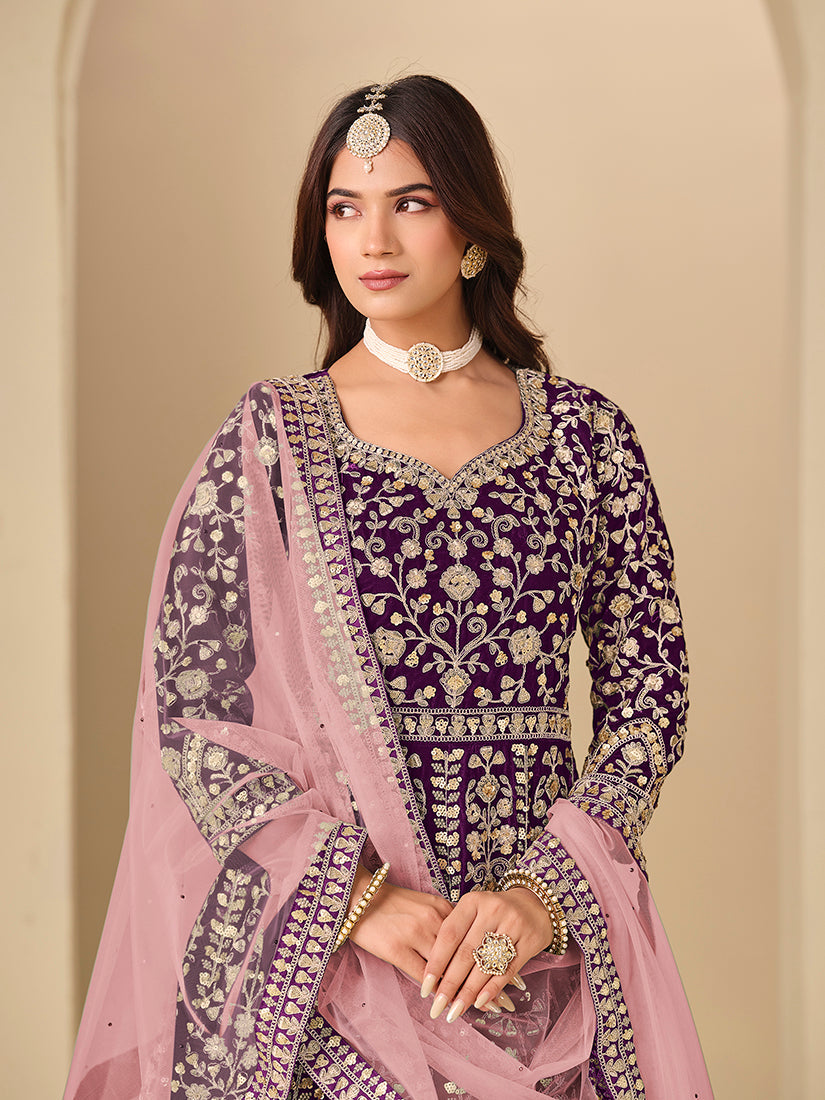 Monjolika Fashion Velvet Embroidered Purple Engagement Wear Anarkali Suit | Grocsy
