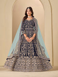 Monjolika Fashion Velvet Embroidered Navy Blue Engagement Wear Anarkali Suit | Grocsy