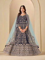 Monjolika Fashion Velvet Embroidered Navy Blue Engagement Wear Anarkali Suit | Grocsy