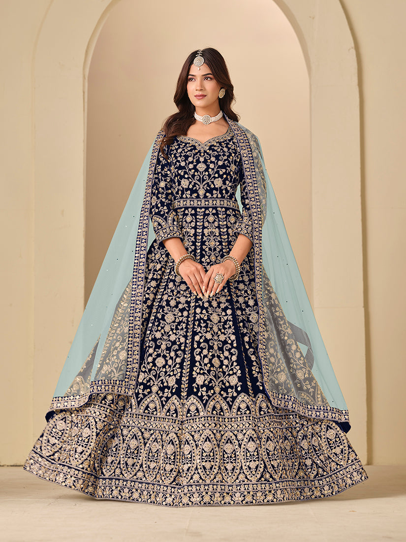 Monjolika Fashion Velvet Embroidered Navy Blue Engagement Wear Anarkali Suit | Grocsy