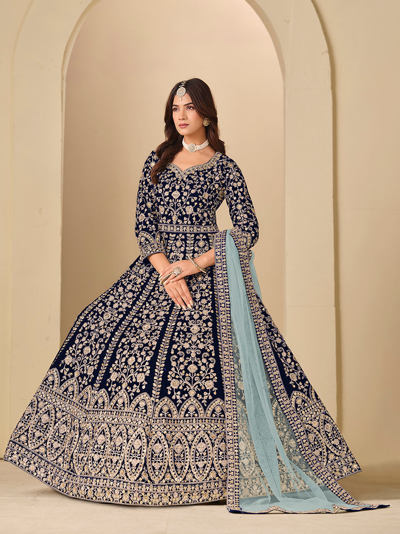 Monjolika Fashion Velvet Embroidered Navy Blue Engagement Wear Anarkali Suit | Grocsy
