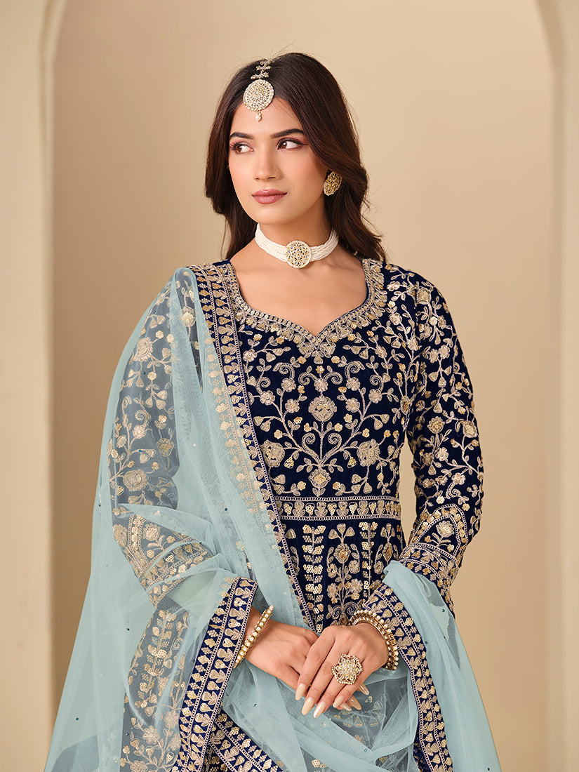 Monjolika Fashion Velvet Embroidered Navy Blue Engagement Wear Anarkali Suit | Grocsy