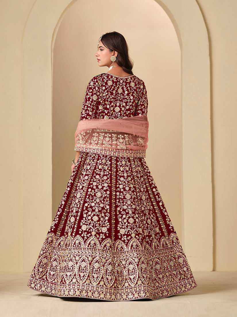 Monjolika Fashion Velvet Embroidered Maroon Engagement Wear Anarkali Suit | Grocsy