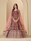 Monjolika Fashion Velvet Embroidered Maroon Engagement Wear Anarkali Suit | Grocsy