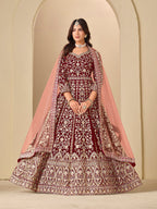 Monjolika Fashion Velvet Embroidered Maroon Engagement Wear Anarkali Suit | Grocsy