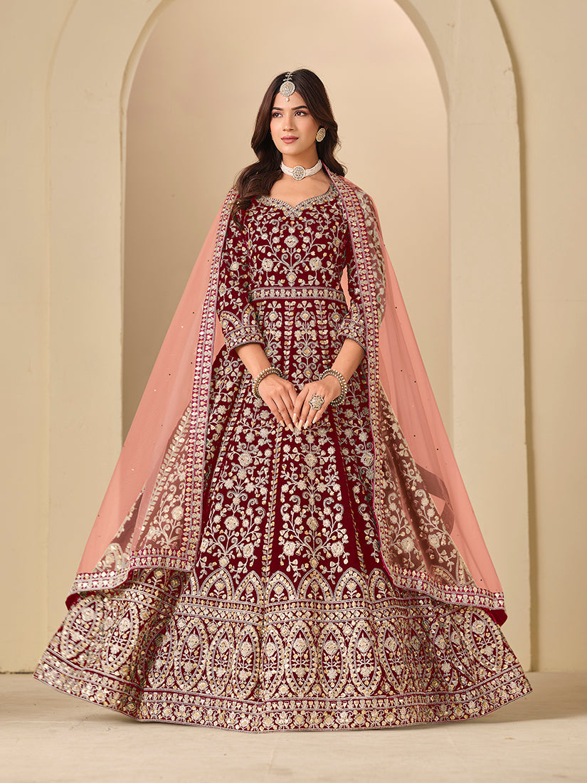 Monjolika Fashion Velvet Embroidered Maroon Engagement Wear Anarkali Suit | Grocsy