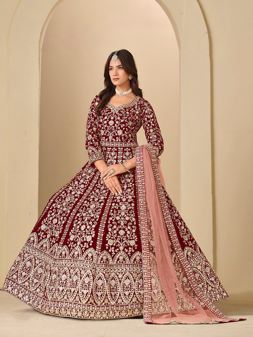 Monjolika Fashion Velvet Embroidered Maroon Engagement Wear Anarkali Suit | Grocsy