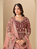 Monjolika Fashion Velvet Embroidered Maroon Engagement Wear Anarkali Suit | Grocsy
