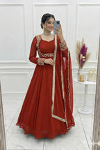Yash Enterprise Dark Orange Georgette Party Wear Anarkali Suit Set | Grocsy