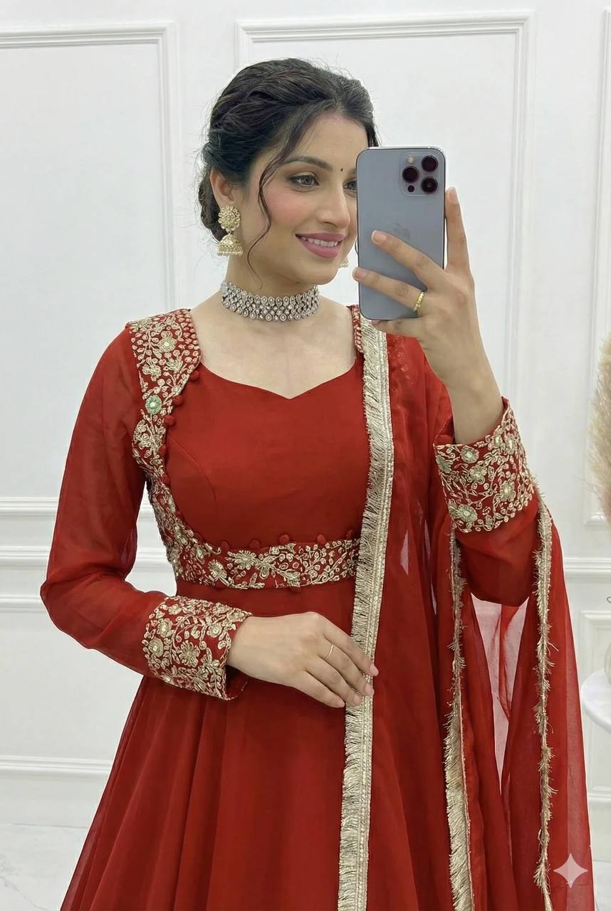 Yash Enterprise Dark Orange Georgette Party Wear Anarkali Suit Set | Grocsy