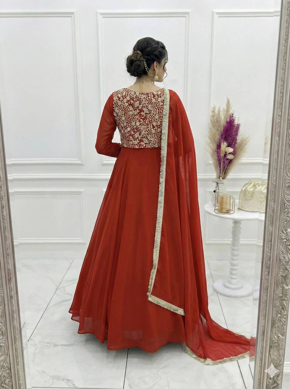 Yash Enterprise Dark Orange Georgette Party Wear Anarkali Suit Set | Grocsy