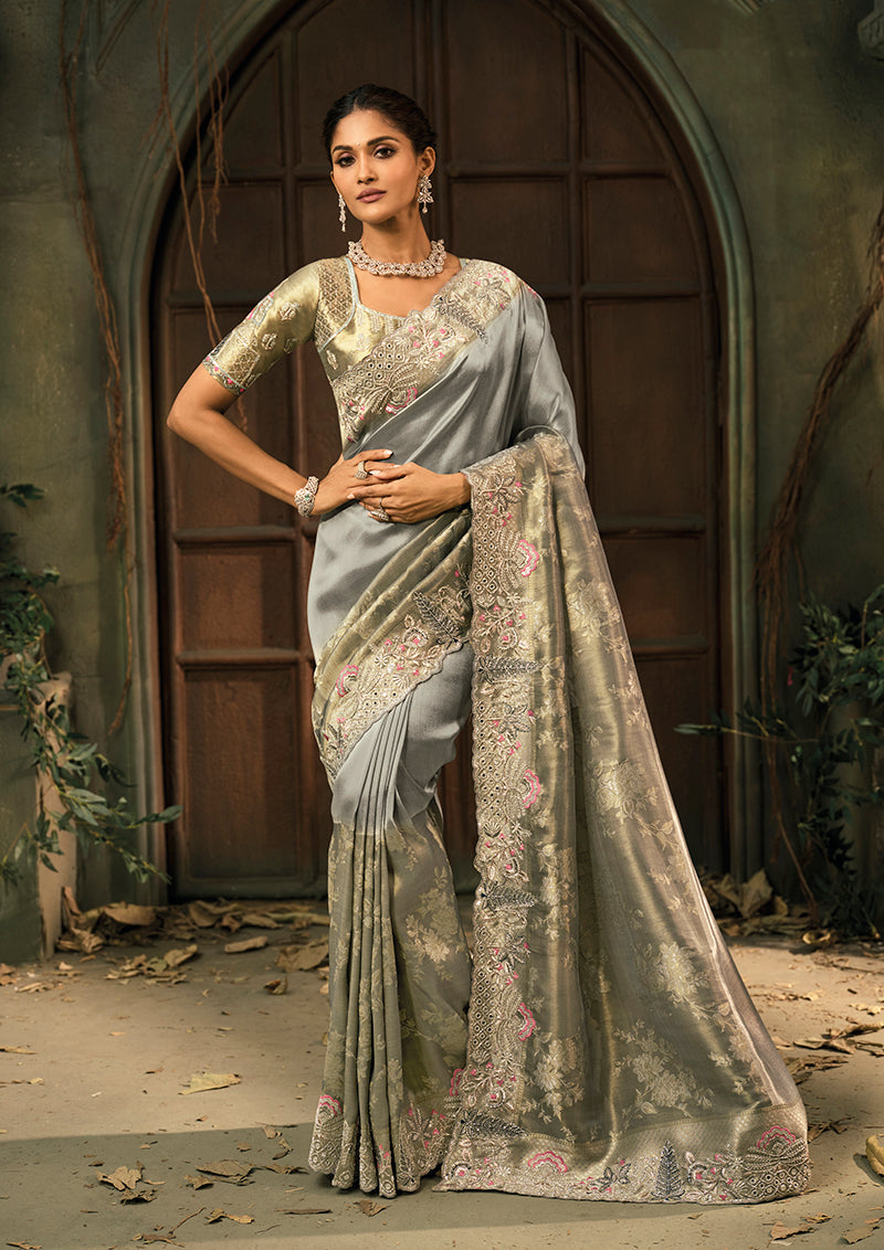 Monjolika Fashion Grey Silk Blend Saree With Embroidered Jari And Cut-Dana Work | Grocsy