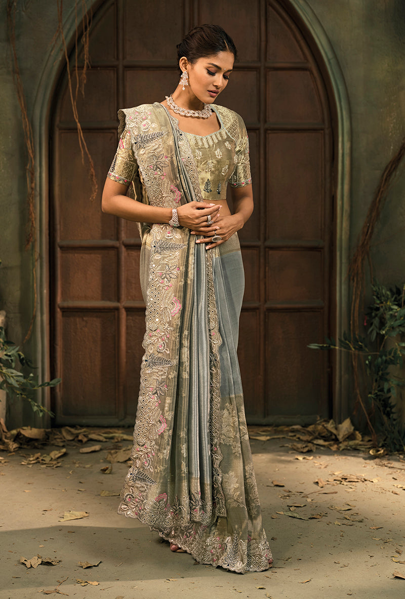 Monjolika Fashion Grey Silk Blend Saree With Embroidered Jari And Cut-Dana Work | Grocsy