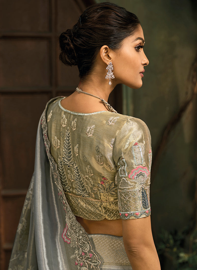Monjolika Fashion Grey Silk Blend Saree With Embroidered Jari And Cut-Dana Work | Grocsy