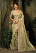 Monjolika Fashion Pista Green Silk Blend Saree With Embroidered Jari And Cut-Dana Work | Grocsy