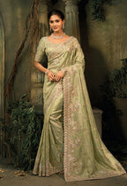 Monjolika Fashion Pista Green Silk Blend Saree With Embroidered Jari And Cut-Dana Work | Grocsy
