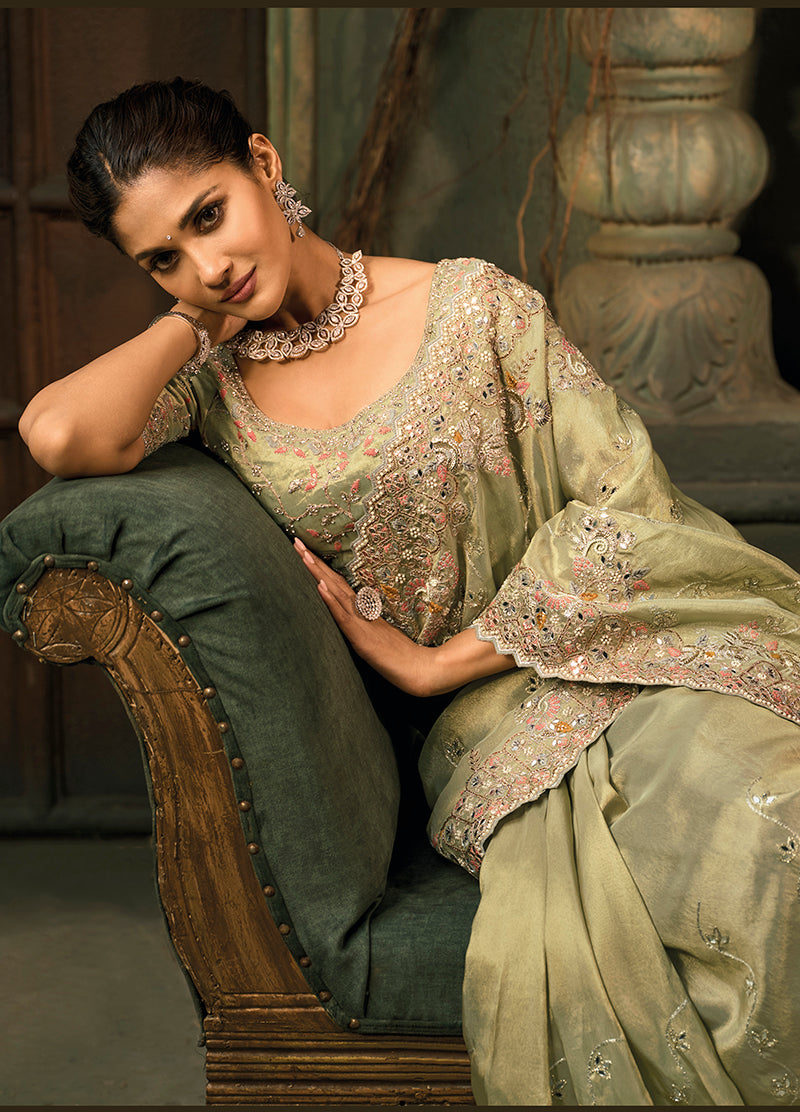 Monjolika Fashion Pista Green Silk Blend Saree With Embroidered Jari And Cut-Dana Work | Grocsy