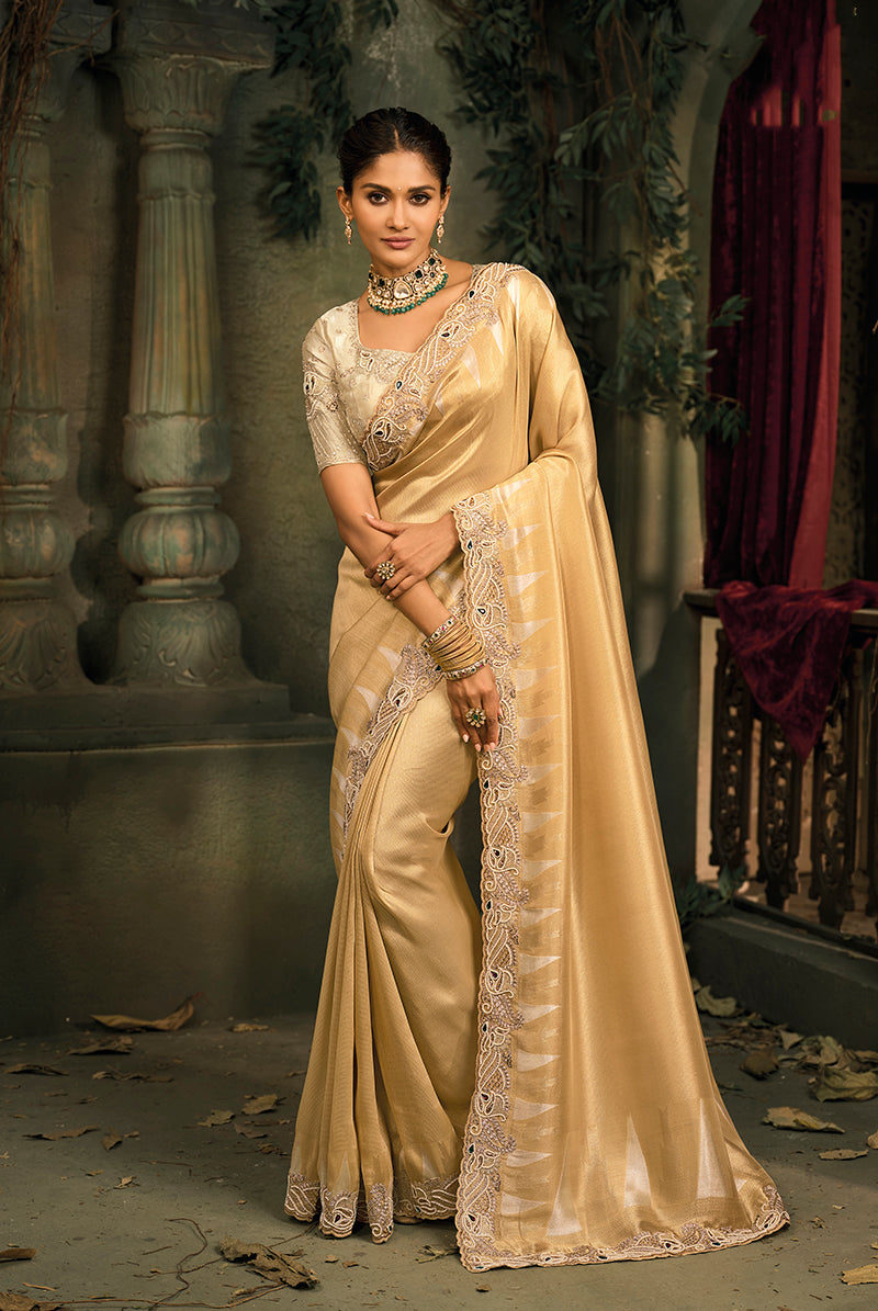 Monjolika Fashion Beige Silk Blend Saree With Embroidered Jari And Cut-Dana Work | Grocsy