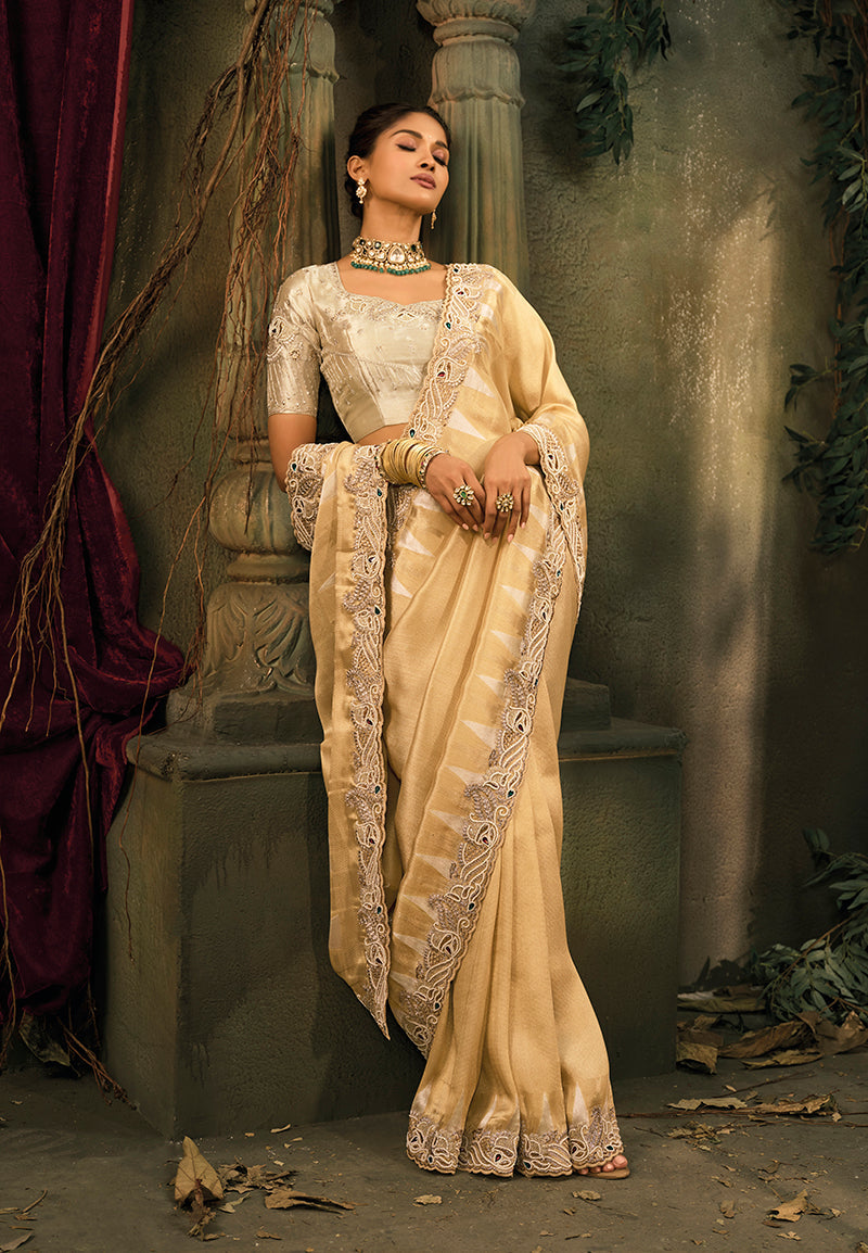Monjolika Fashion Beige Silk Blend Saree With Embroidered Jari And Cut-Dana Work | Grocsy