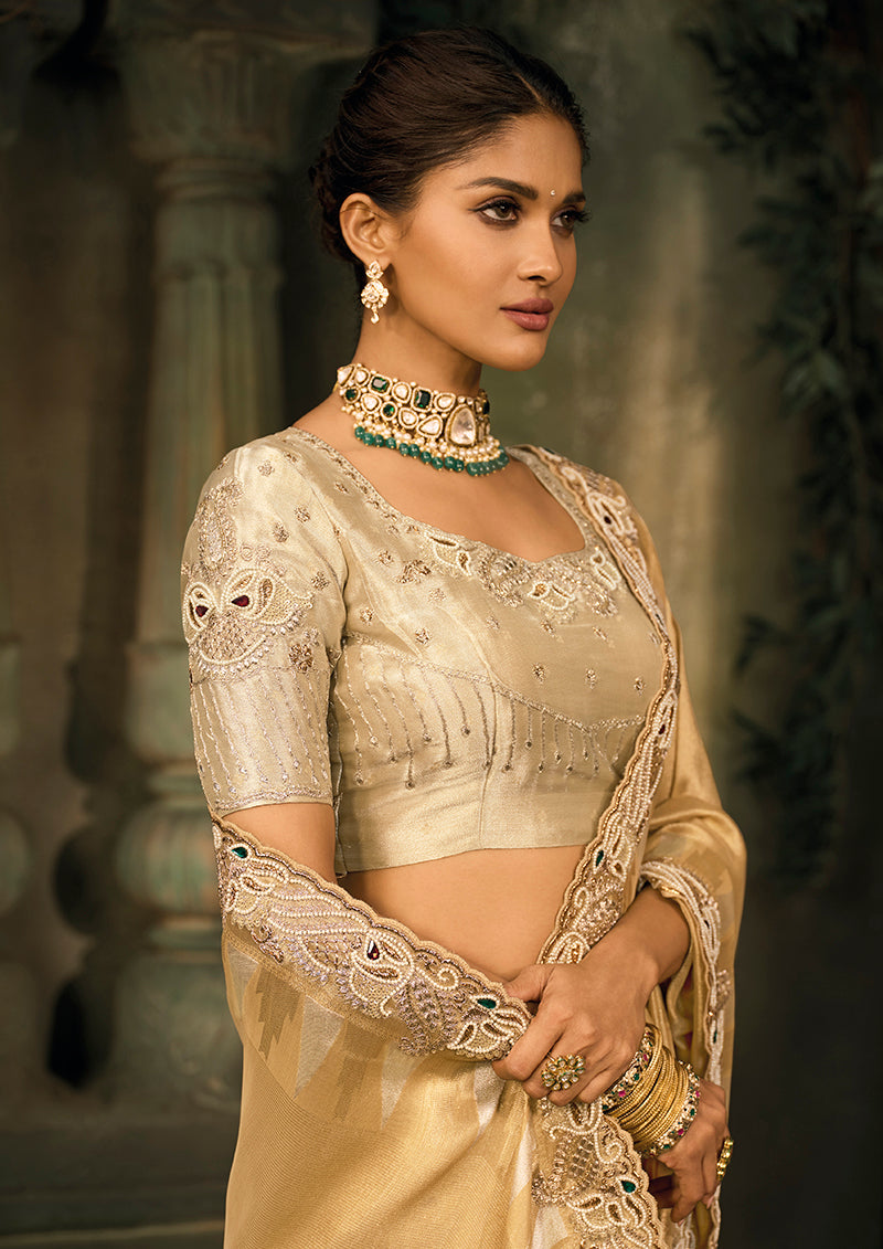 Monjolika Fashion Beige Silk Blend Saree With Embroidered Jari And Cut-Dana Work | Grocsy