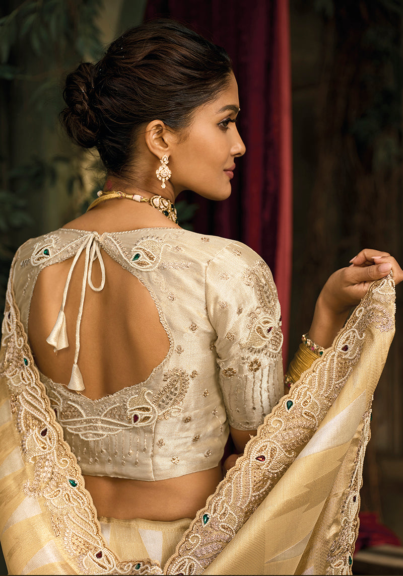 Monjolika Fashion Beige Silk Blend Saree With Embroidered Jari And Cut-Dana Work | Grocsy