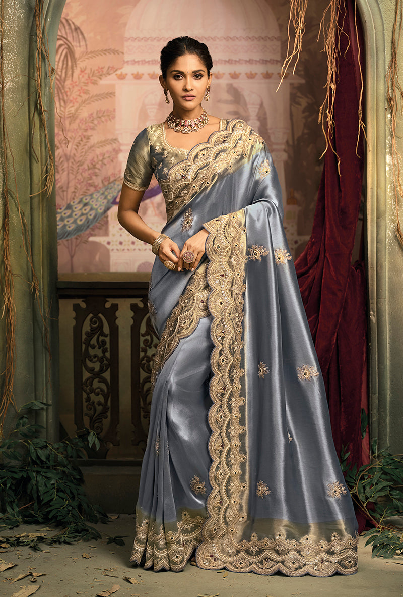 Monjolika Fashion Slate Grey Silk Blend Saree With Embroidered Jari And Cut-Dana Work | Grocsy