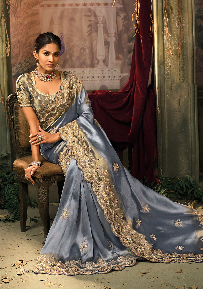 Monjolika Fashion Slate Grey Silk Blend Saree With Embroidered Jari And Cut-Dana Work | Grocsy