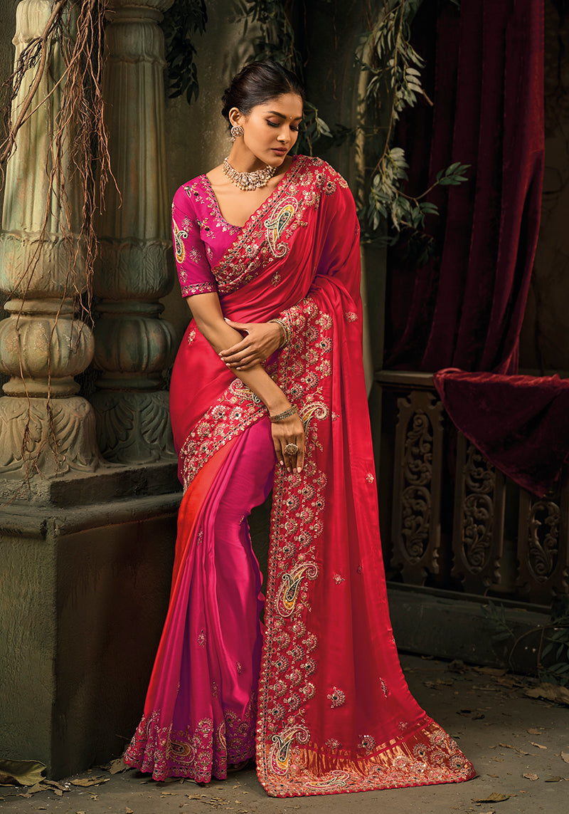 Monjolika Fashion Rani Pink & Red Silk Blend Saree With Embroidered Jari And Cut-Dana Work | Grocsy