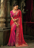 Monjolika Fashion Rani Pink & Red Silk Blend Saree With Embroidered Jari And Cut-Dana Work | Grocsy