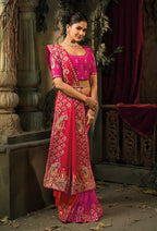 Monjolika Fashion Rani Pink & Red Silk Blend Saree With Embroidered Jari And Cut-Dana Work | Grocsy