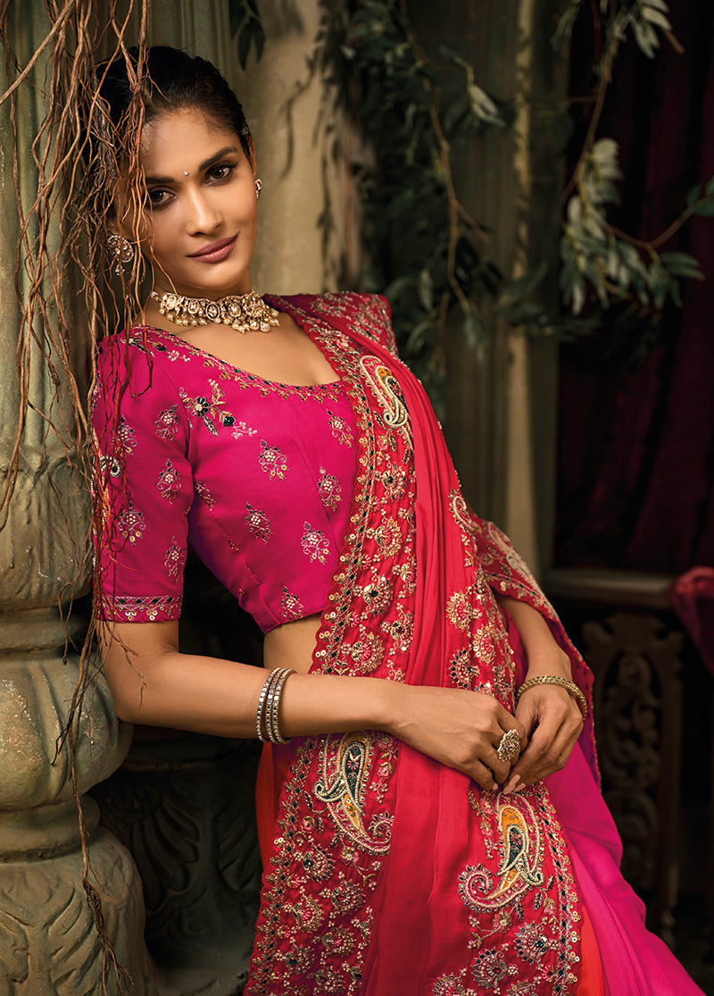 Monjolika Fashion Rani Pink & Red Silk Blend Saree With Embroidered Jari And Cut-Dana Work | Grocsy