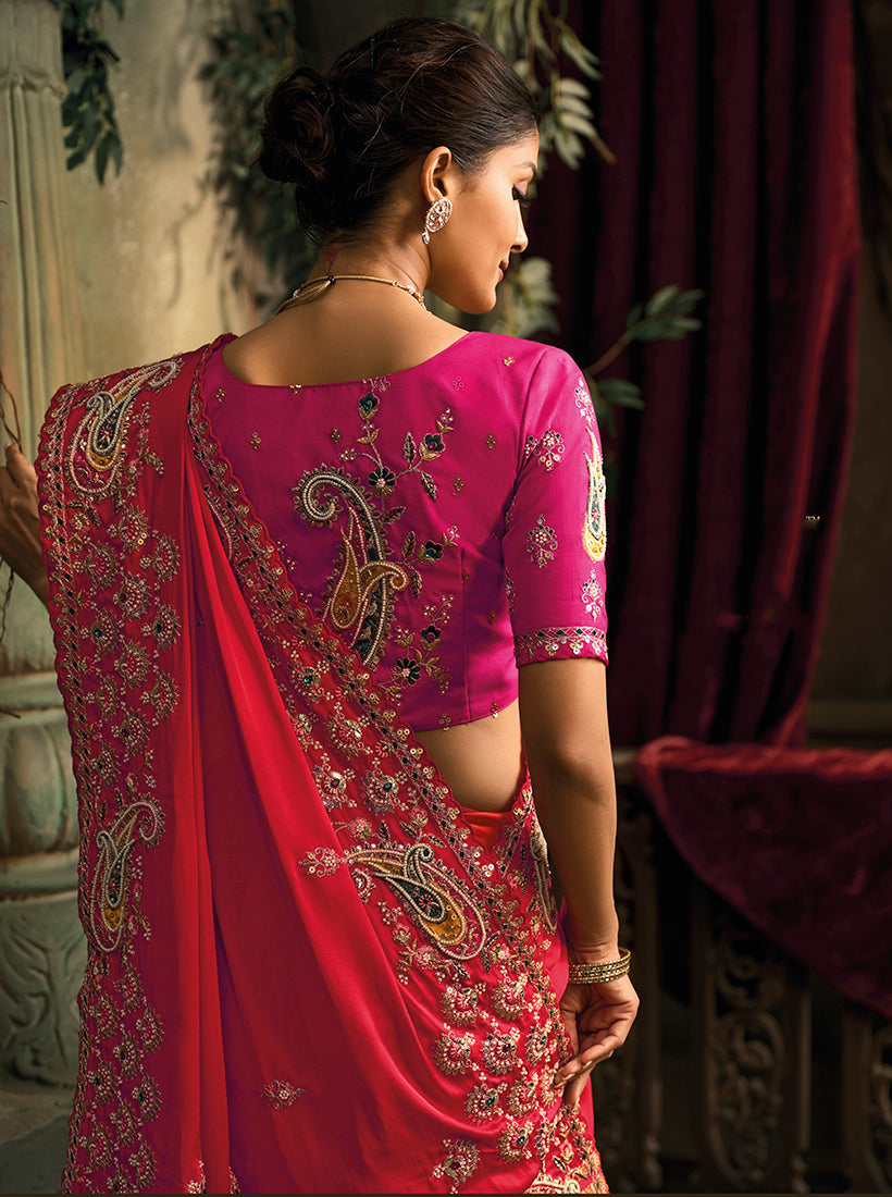Monjolika Fashion Rani Pink & Red Silk Blend Saree With Embroidered Jari And Cut-Dana Work | Grocsy