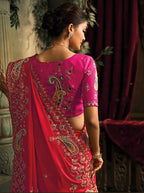 Monjolika Fashion Rani Pink & Red Silk Blend Saree With Embroidered Jari And Cut-Dana Work | Grocsy