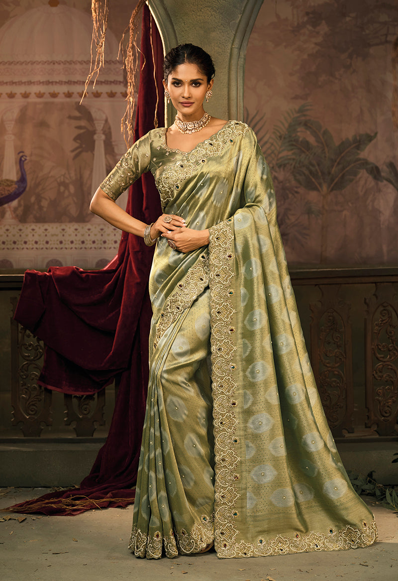 Monjolika Fashion Olive Green Silk Blend Saree With Embroidered Jari And Cut-Dana Work | Grocsy
