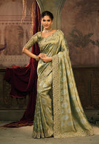 Monjolika Fashion Olive Green Silk Blend Saree With Embroidered Jari And Cut-Dana Work | Grocsy