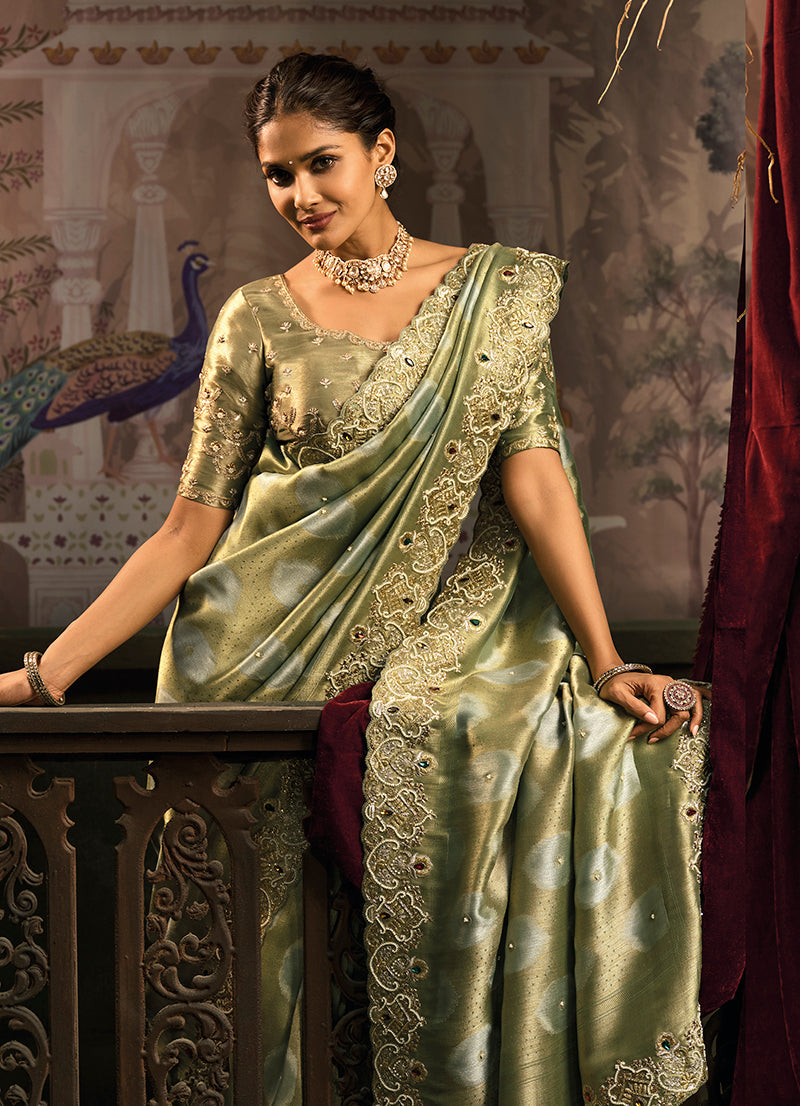 Monjolika Fashion Olive Green Silk Blend Saree With Embroidered Jari And Cut-Dana Work | Grocsy