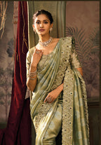 Monjolika Fashion Olive Green Silk Blend Saree With Embroidered Jari And Cut-Dana Work | Grocsy