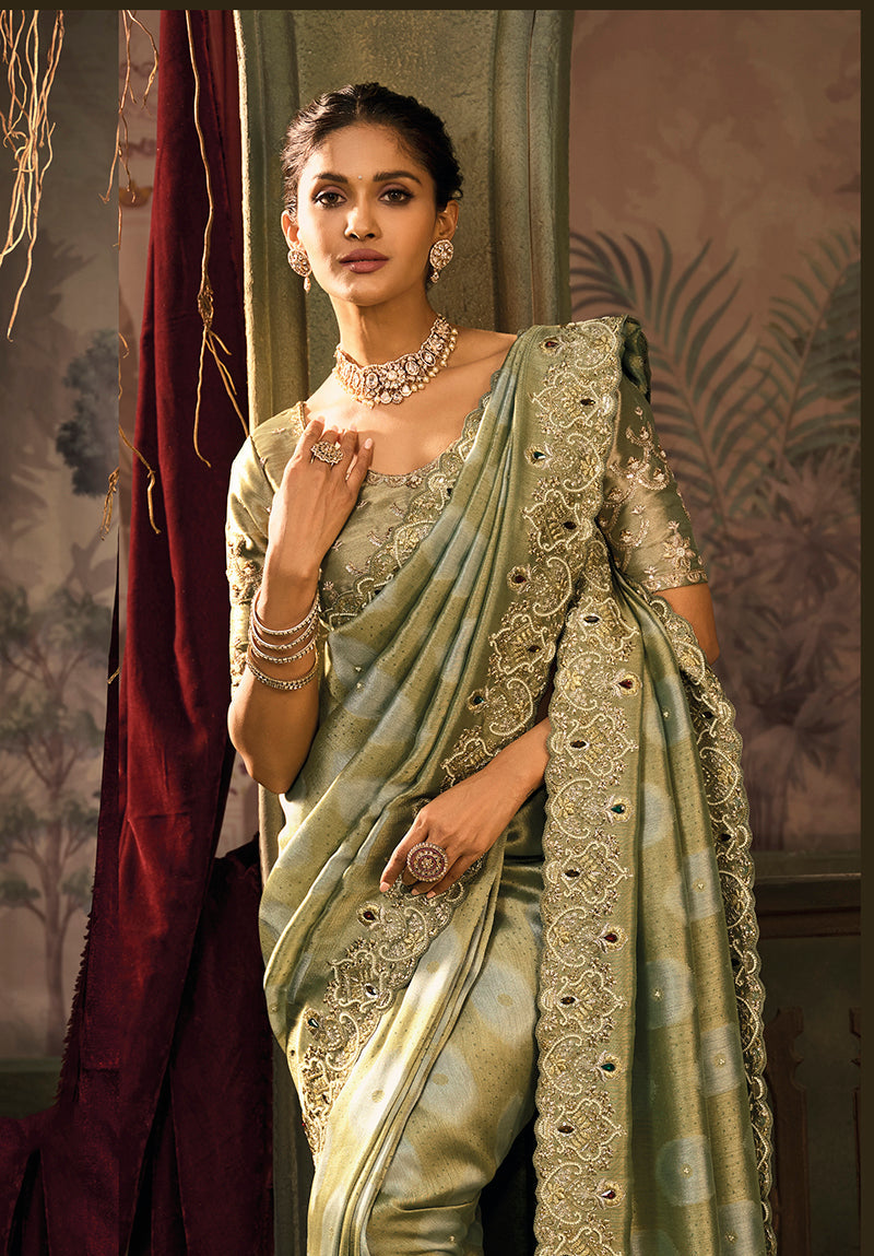 Monjolika Fashion Olive Green Silk Blend Saree With Embroidered Jari And Cut-Dana Work | Grocsy