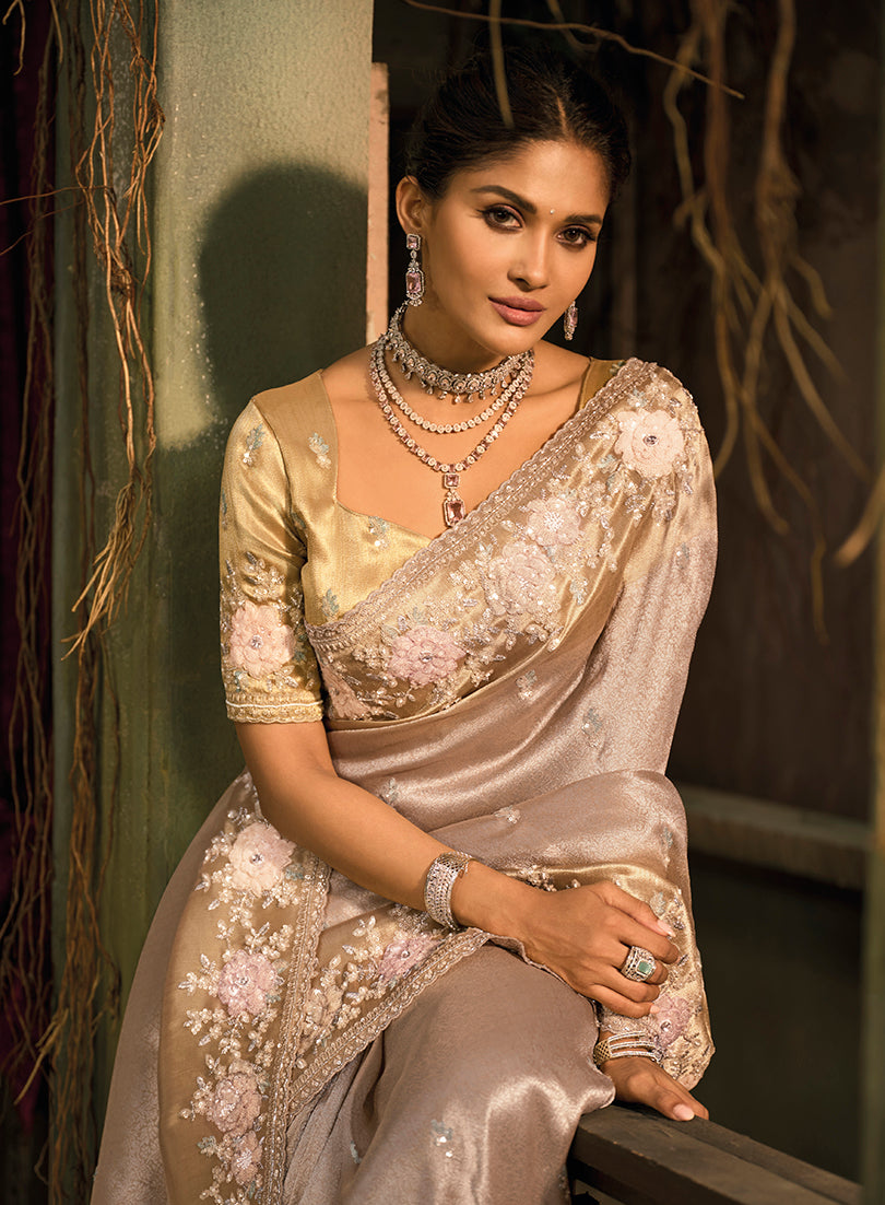 Monjolika Fashion Chiku Silk Blend Saree With Embroidered Jari And Cut-Dana Work | Grocsy